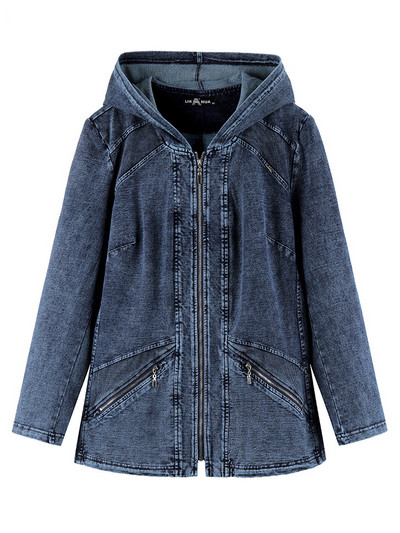 LIH HUA sieviešu lielizmēra džinsa jaka ar kapuci Fall Stretch kokvilnas trikotāžas ikdienas jaka ar garām piedurknēm