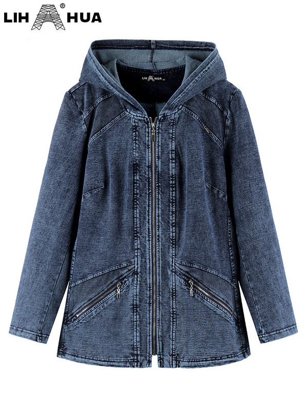 LIH HUA sieviešu lielizmēra džinsa jaka ar kapuci Fall Stretch kokvilnas trikotāžas ikdienas jaka ar garām piedurknēm