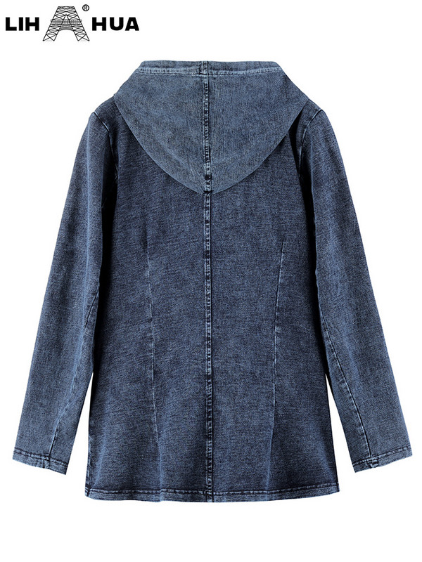 LIH HUA sieviešu lielizmēra džinsa jaka ar kapuci Fall Stretch kokvilnas trikotāžas ikdienas jaka ar garām piedurknēm