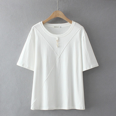 Liela izmēra T-krekls Vasaras T-krekli Sieviešu apģērbi Brīvi Kokvilnas Metāla Pērļu Kulonu Dekorācijas Topi ar īsām piedurknēm