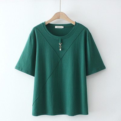 Liela izmēra T-krekls Vasaras T-krekli Sieviešu apģērbi Brīvi Kokvilnas Metāla Pērļu Kulonu Dekorācijas Topi ar īsām piedurknēm