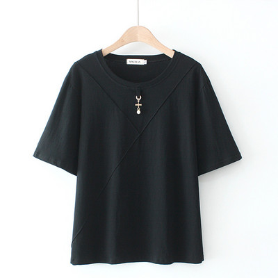 Liela izmēra T-krekls Vasaras T-krekli Sieviešu apģērbi Brīvi Kokvilnas Metāla Pērļu Kulonu Dekorācijas Topi ar īsām piedurknēm