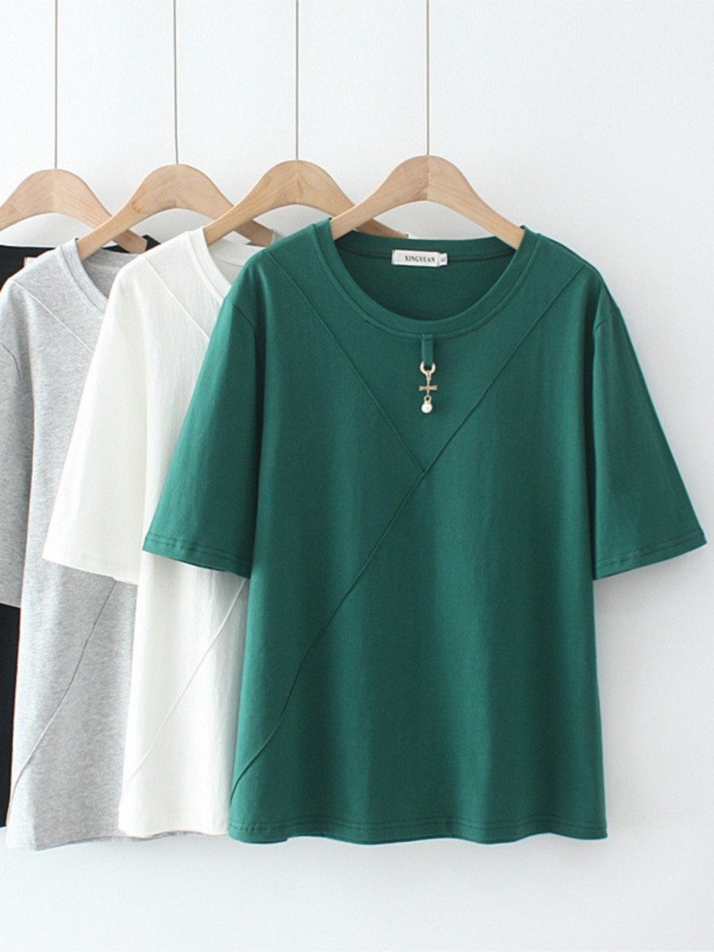 Liela izmēra T-krekls Vasaras T-krekli Sieviešu apģērbi Brīvi Kokvilnas Metāla Pērļu Kulonu Dekorācijas Topi ar īsām piedurknēm