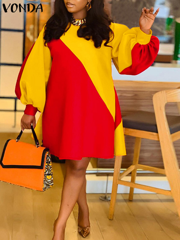 VONDA 2023. gada vasaras ballīšu kleita sievietēm, liela izmēra Vestidos, ikdienišķa kakla kleita ar raibām piedurknēm, garām laternām.