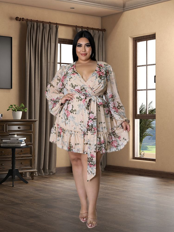 Liela izmēra sieviešu ziedu apdruka Šifons Sexy V izgriezuma kleita ar garām piedurknēm Sieviešu elegantas ballīšu kleitas Vairumtirdzniecība DropShipping