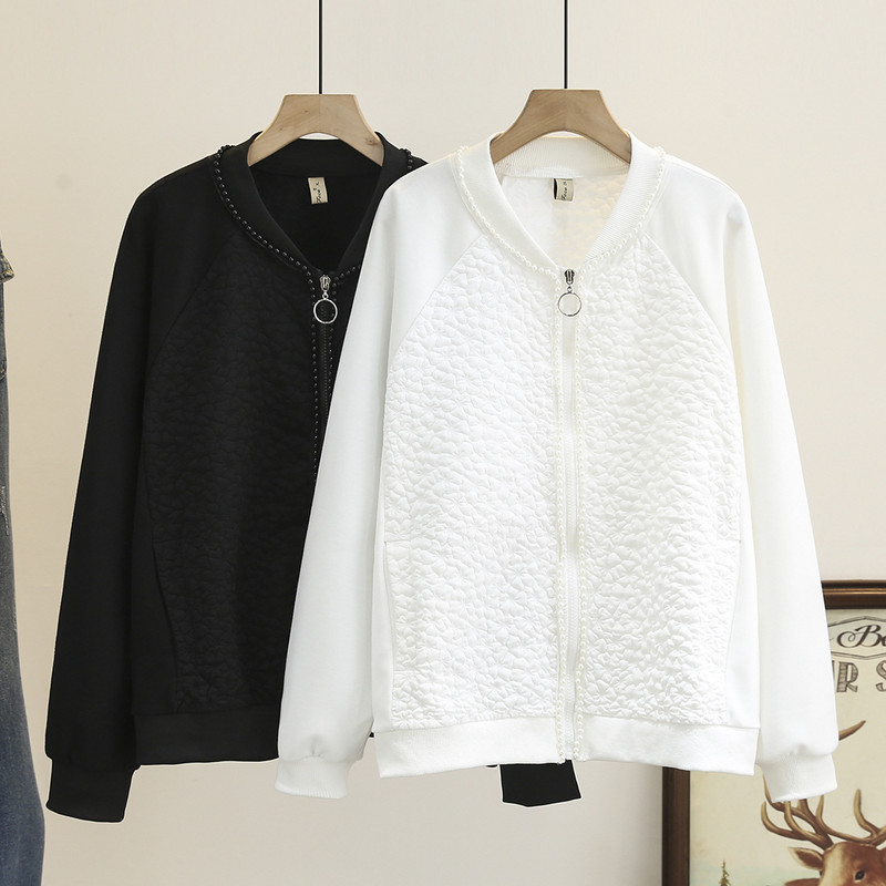 4XL Liela izmēra jaka ar rāvējslēdzēju sievietēm 2023. gada pavasara pērļu krelles beisbola uniforma ar vaļīgām raglāna piedurknēm virsdrēbes, lielizmēra izliektas drēbes