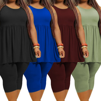 Καλοκαιρινό Plus Size Two Piece Γυναικεία Ρούχα Σέξι Αμάνικα Μόδα ντραπέ μονόχρωμη Casual φαρδιά κοντό κοστούμι dropshipping