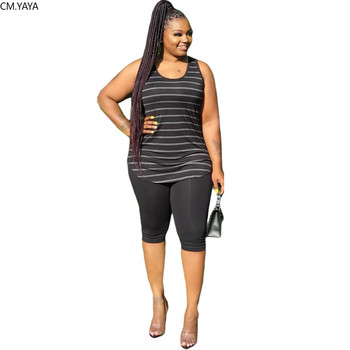 CM.YAYA Γυναικεία Plus Size XL-5XL Sport σετ δύο τεμαχίων Αθλητική φόρμα ριγέ Μπλούζες μέχρι το γόνατο Jogger Suit Sweatpants Σετ ασορτί