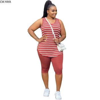 CM.YAYA Γυναικεία Plus Size XL-5XL Sport σετ δύο τεμαχίων Αθλητική φόρμα ριγέ Μπλούζες μέχρι το γόνατο Jogger Suit Sweatpants Σετ ασορτί