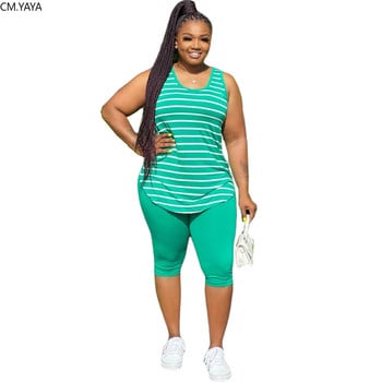 CM.YAYA Γυναικεία Plus Size XL-5XL Sport σετ δύο τεμαχίων Αθλητική φόρμα ριγέ Μπλούζες μέχρι το γόνατο Jogger Suit Sweatpants Σετ ασορτί