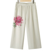 Liela izmēra sieviešu bikses 2023. gada vasaras etniskā stila apdruka, mazgāta kokvilnas lina bikses līdz potītēm, brīvi izliekti apģērbi G5-2310