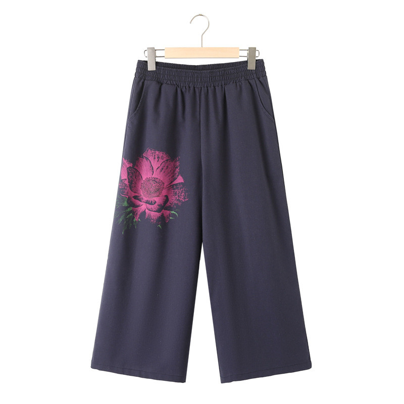 Liela izmēra sieviešu bikses 2023. gada vasaras etniskā stila apdruka, mazgāta kokvilnas lina bikses līdz potītēm, brīvi izliekti apģērbi G5-2310