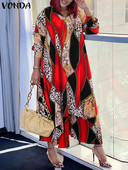 VONDA Plus Size 5XL Rochie de femei Vintage Boemă Rochie 2023 Toamna Sexy Decolteu în V cu mâneci lungi Robe de vacanță Femei Rochie de soare imprimată