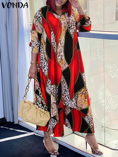 VONDA Plus Size 5XL Rochie de femei Vintage Boemă Rochie 2023 Toamna Sexy Decolteu în V cu mâneci lungi Robe de vacanță Femei Rochie de soare imprimată