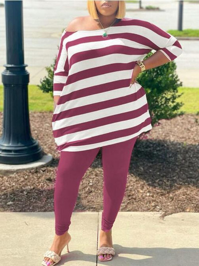 Liela izmēra sieviešu komplekti, svītraini topi un zīmuļu bikses, 2023. gada pavasara divdaļīgs komplekts, sieviešu dizaineru audums, ikdienas sporta krekls