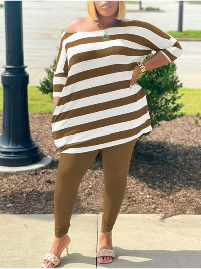 Liela izmēra sieviešu komplekti, svītraini topi un zīmuļu bikses, 2023. gada pavasara divdaļīgs komplekts, sieviešu dizaineru audums, ikdienas sporta krekls