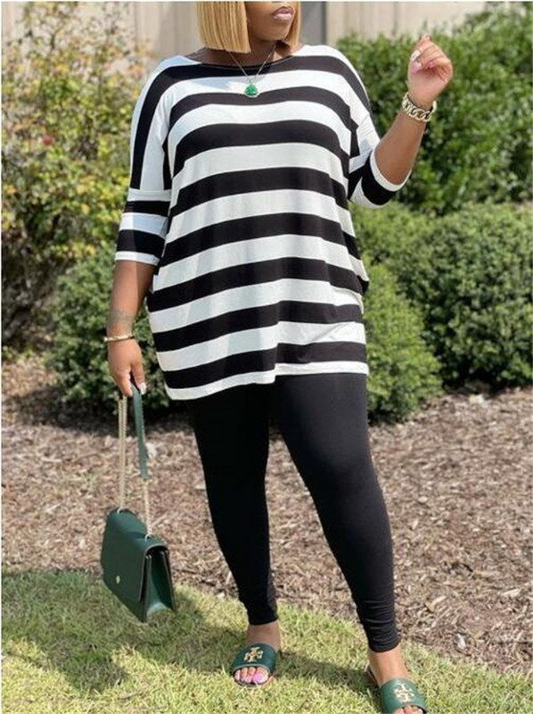 Liela izmēra sieviešu komplekti, svītraini topi un zīmuļu bikses, 2023. gada pavasara divdaļīgs komplekts, sieviešu dizaineru audums, ikdienas sporta krekls