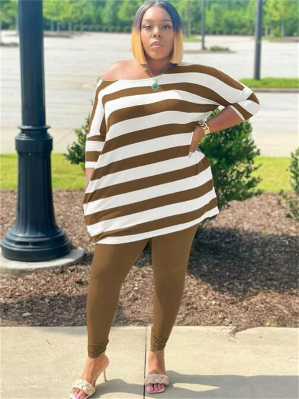 Liela izmēra sieviešu komplekti, svītraini topi un zīmuļu bikses, 2023. gada pavasara divdaļīgs komplekts, sieviešu dizaineru audums, ikdienas sporta krekls