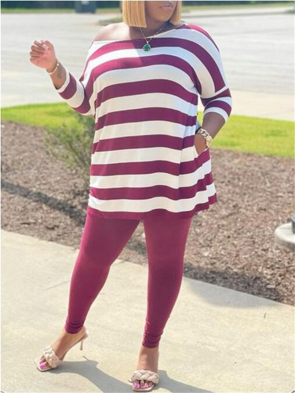 Liela izmēra sieviešu komplekti, svītraini topi un zīmuļu bikses, 2023. gada pavasara divdaļīgs komplekts, sieviešu dizaineru audums, ikdienas sporta krekls