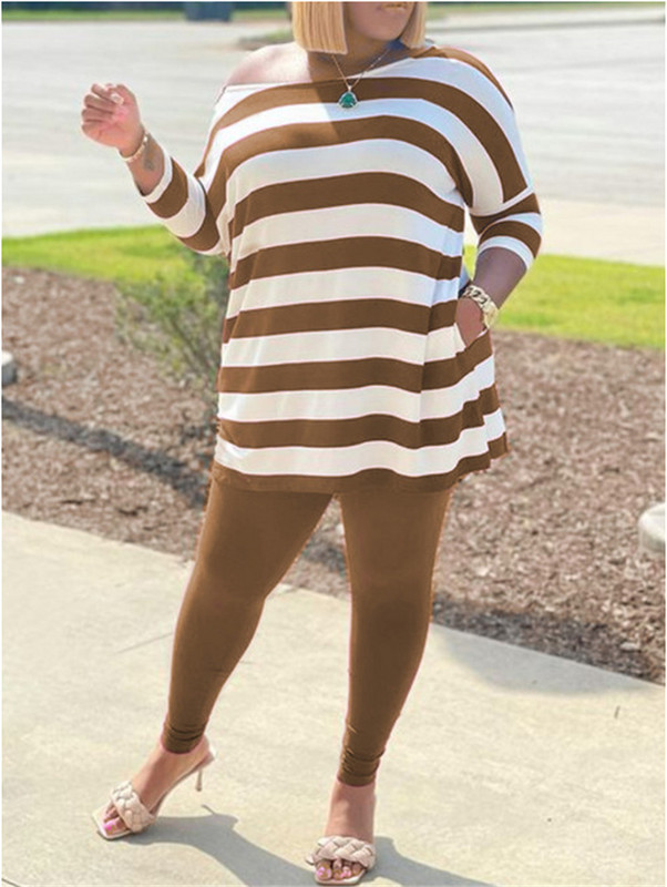 Liela izmēra sieviešu komplekti, svītraini topi un zīmuļu bikses, 2023. gada pavasara divdaļīgs komplekts, sieviešu dizaineru audums, ikdienas sporta krekls