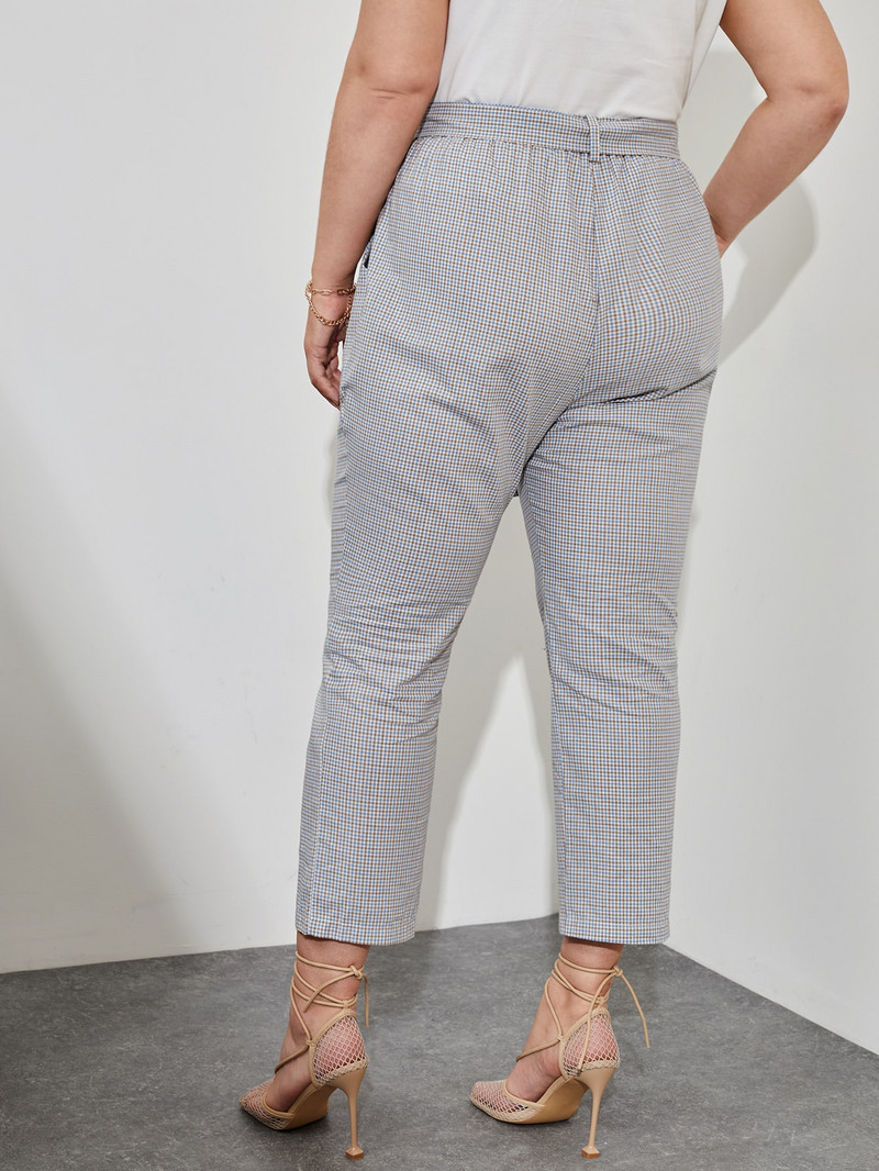 Liela izmēra elegantas vasaras pavasara Gingham Print Potītes Garuma Bikses Sieviešu Kabatas Sānes Sasaiste Viduklis Bikses Liela izmēra Sieviešu apģērbi