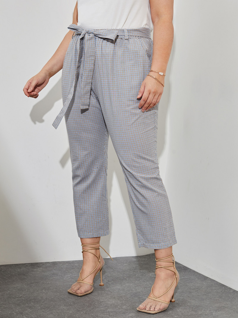 Liela izmēra elegantas vasaras pavasara Gingham Print Potītes Garuma Bikses Sieviešu Kabatas Sānes Sasaiste Viduklis Bikses Liela izmēra Sieviešu apģērbi