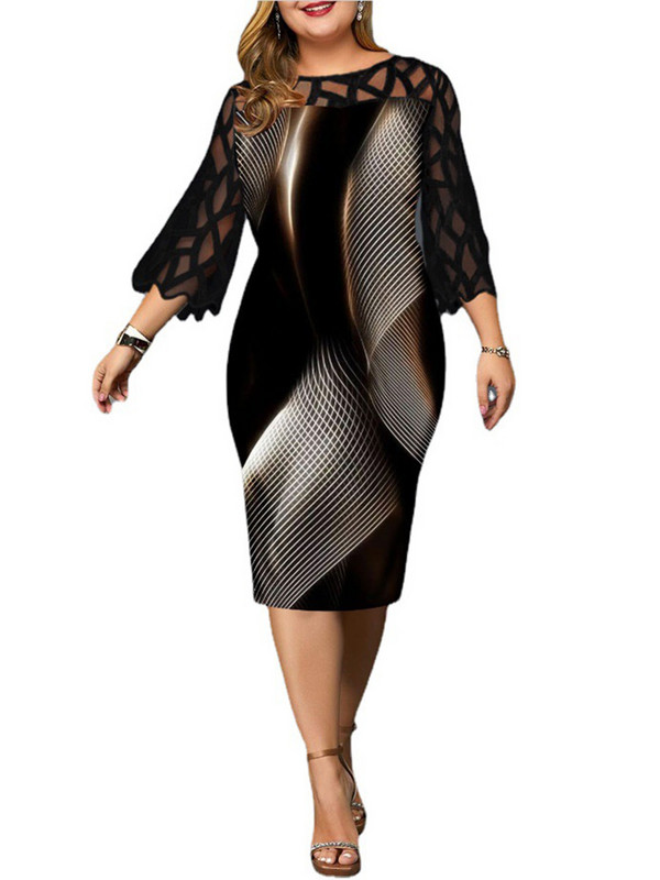 2022. gada modes sieviešu tīklveida piedurkne ar ģeometrisku apdruku Slaida Bodycon zīmuļkleita Liela izmēra sieviešu darba biroja kleitas