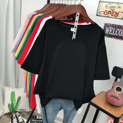 L-6XL liela izmēra T krekls vienkrāsains kokvilnas V kakla izgriezuma krekls ar īsām piedurknēm sieviešu tops Basic vasaras pāris rozā lielizmēra T krekli