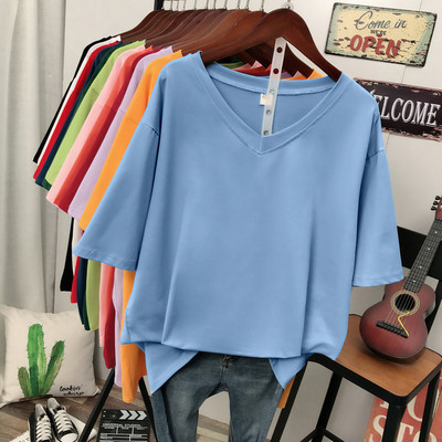 L-6XL liela izmēra T krekls vienkrāsains kokvilnas V kakla izgriezuma krekls ar īsām piedurknēm sieviešu tops Basic vasaras pāris rozā lielizmēra T krekli