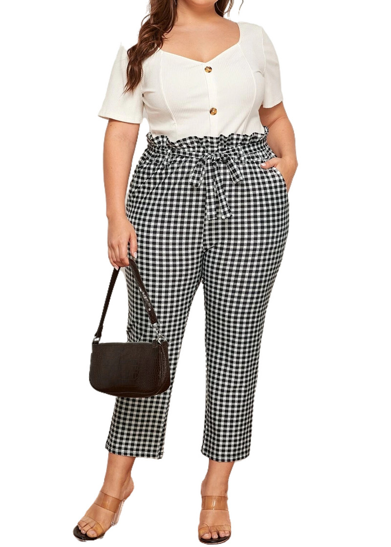 Liela izmēra pavasara vasaras elegantas bikses sievietēm rūtainas kaklasaites viduklis kabata sānu potītes garums, svārki bikses liela izmēra zīmuļa bikses 5XL 6XL