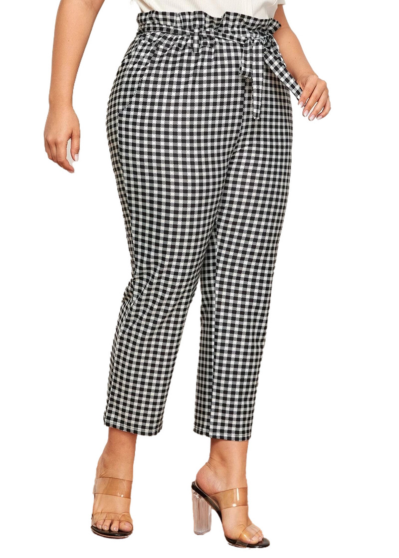 Liela izmēra pavasara vasaras elegantas bikses sievietēm rūtainas kaklasaites viduklis kabata sānu potītes garums, svārki bikses liela izmēra zīmuļa bikses 5XL 6XL