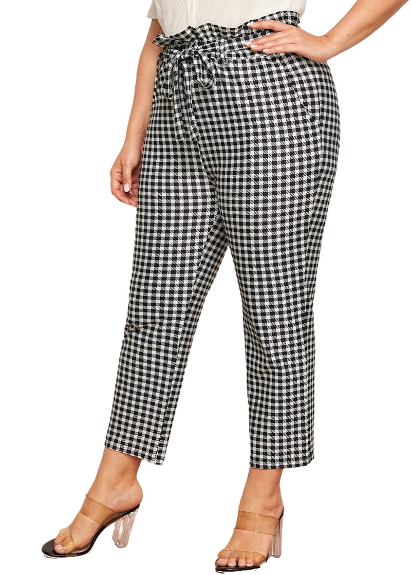 Liela izmēra pavasara vasaras elegantas bikses sievietēm rūtainas kaklasaites viduklis kabata sānu potītes garums, svārki bikses liela izmēra zīmuļa bikses 5XL 6XL