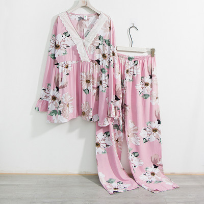 Liela izmēra 7XL 150 KG pavasara sieviešu guļamveļa komplekti Sieviešu ziedu pidžamām ar garām piedurknēm topi un bikses Home Wear Femme pidžamu komplekts