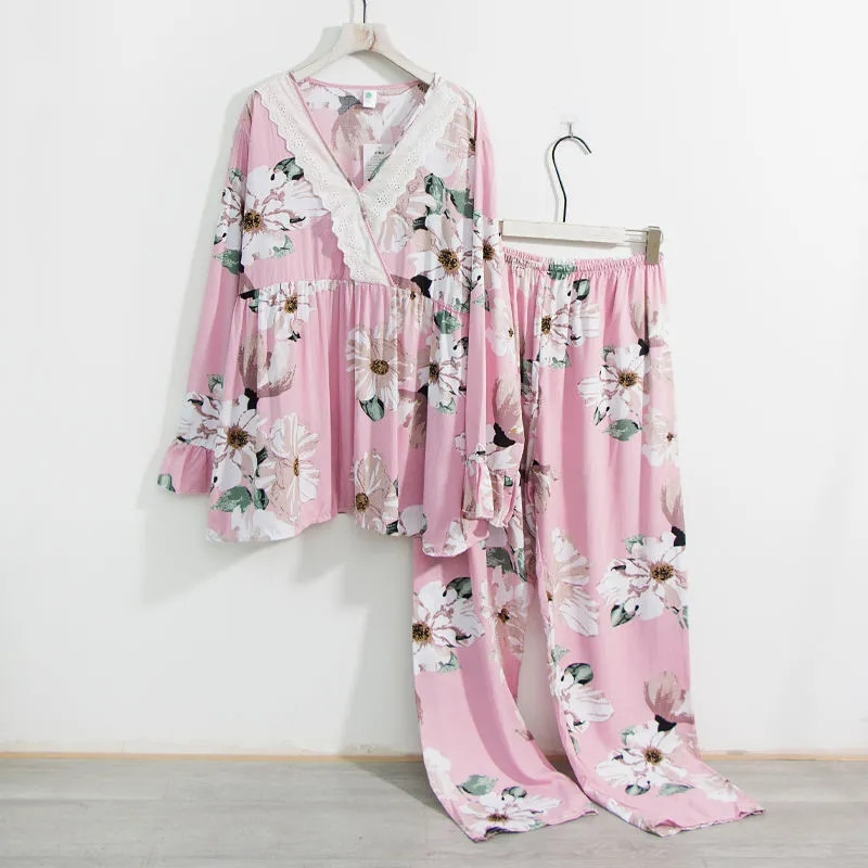 Liela izmēra 7XL 150 KG pavasara sieviešu guļamveļa komplekti Sieviešu ziedu pidžamām ar garām piedurknēm topi un bikses Home Wear Femme pidžamu komplekts