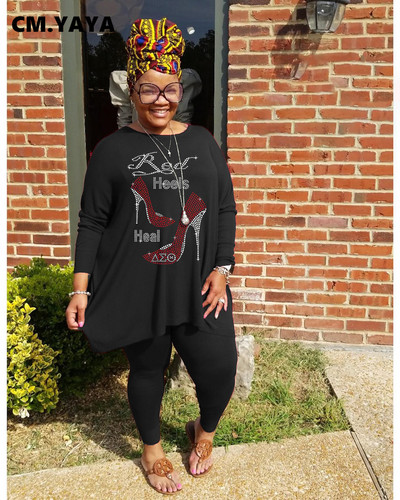 CM.YAYA Ženski set velikih veličina Duge majice s printom + rastezljive hlače Dva dvodijelna kompleta Modna odjeća Ležerna odjeća Aktivne trenerke Jesen
