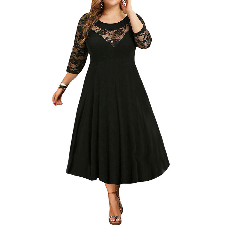 2022 Personality Street Lace Splicing 3/4 Piedurknēm Rudens Jauna Crew Kakla melna Lielizmēra Pulovers Liela Hem Gara Sieviešu kleita 6XL