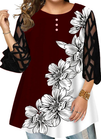 Liela izmēra sieviešu blūzes 2021. gada pavasara rudens tīklveida krekls ar ziedu apdruku ikdienas blūzes krekls Liela izmēra sieviešu topi