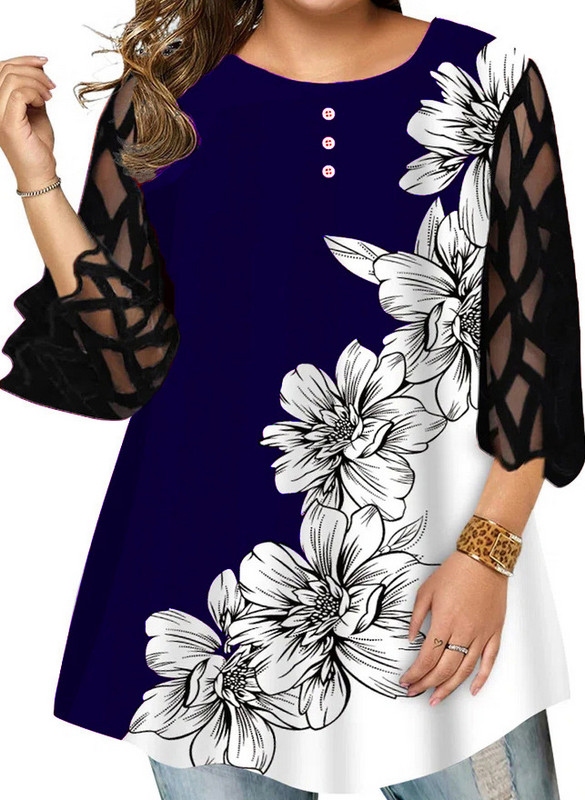 Liela izmēra sieviešu blūzes 2021. gada pavasara rudens tīklveida krekls ar ziedu apdruku ikdienas blūzes krekls Liela izmēra sieviešu topi