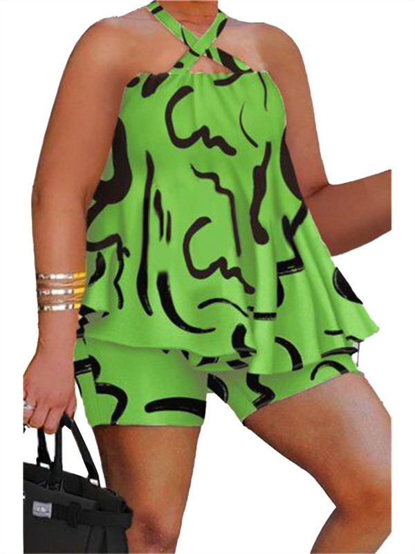 Wmstar lielizmēra divdaļīgs komplekts sievietēm bez piedurknēm apdrukāti īsie komplekti bikses, seksīgs uzvalks, pludmales vasaras vairumtirdzniecība, 2023. gada