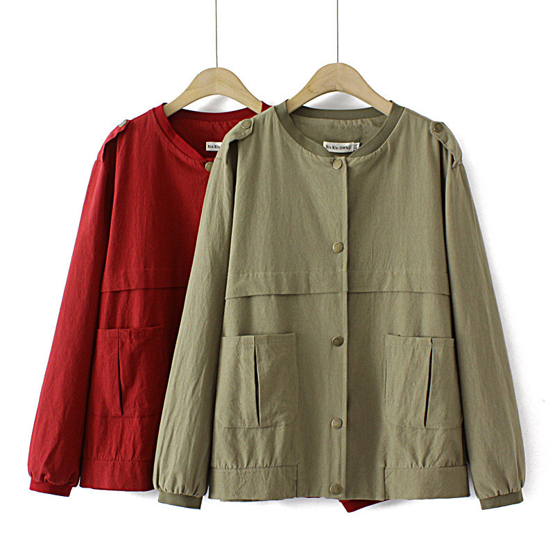 2022. gada rudens 4 xl liela izmēra jaka Sieviešu apģērbs Ikdienišķs Epaulets kabatas mētelis LĪVĀ kokvilnas lina O veida kakla vienkrāsains virsdrēbes