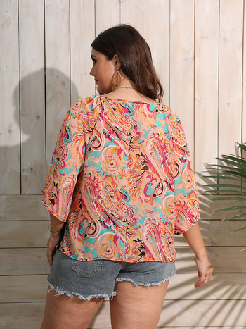 Finjani Plus Size Paisley Print Raglan Κόμπος με μανίκια Γυναικείο μπλουζάκι με κοντό μανίκι O λαιμός Φαρδύ μπλουζάκι με χρώμα που ταιριάζει