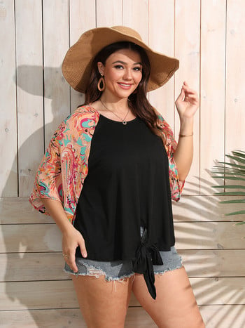 Finjani Plus Size Paisley Print Raglan Κόμπος με μανίκια Γυναικείο μπλουζάκι με κοντό μανίκι O λαιμός Φαρδύ μπλουζάκι με χρώμα που ταιριάζει