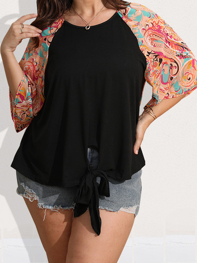 Finjani lielizmēra Paisley Print Raglan piedurkņu mezgls Hem Tee Women O Neck ar īsām piedurknēm Krāsai atbilstošs brīvs T-krekls