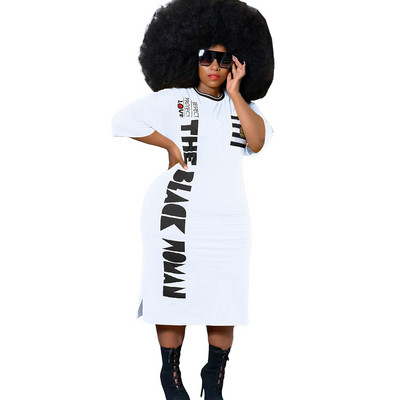 CM.YAYA Liela izmēra XL-5XL Sieviešu burtu afrikāņu stila vidēja izmēra kleita Fashin vienkārša sānu šķēluma T-krekla stila slaidas kleitas