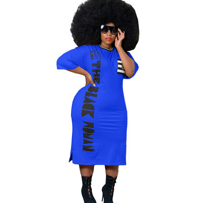 CM.YAYA Liela izmēra XL-5XL Sieviešu burtu afrikāņu stila vidēja izmēra kleita Fashin vienkārša sānu šķēluma T-krekla stila slaidas kleitas