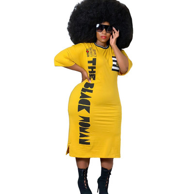 CM.YAYA Liela izmēra XL-5XL Sieviešu burtu afrikāņu stila vidēja izmēra kleita Fashin vienkārša sānu šķēluma T-krekla stila slaidas kleitas