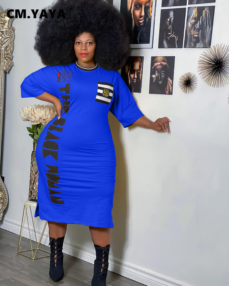 CM.YAYA Liela izmēra XL-5XL Sieviešu burtu afrikāņu stila vidēja izmēra kleita Fashin vienkārša sānu šķēluma T-krekla stila slaidas kleitas