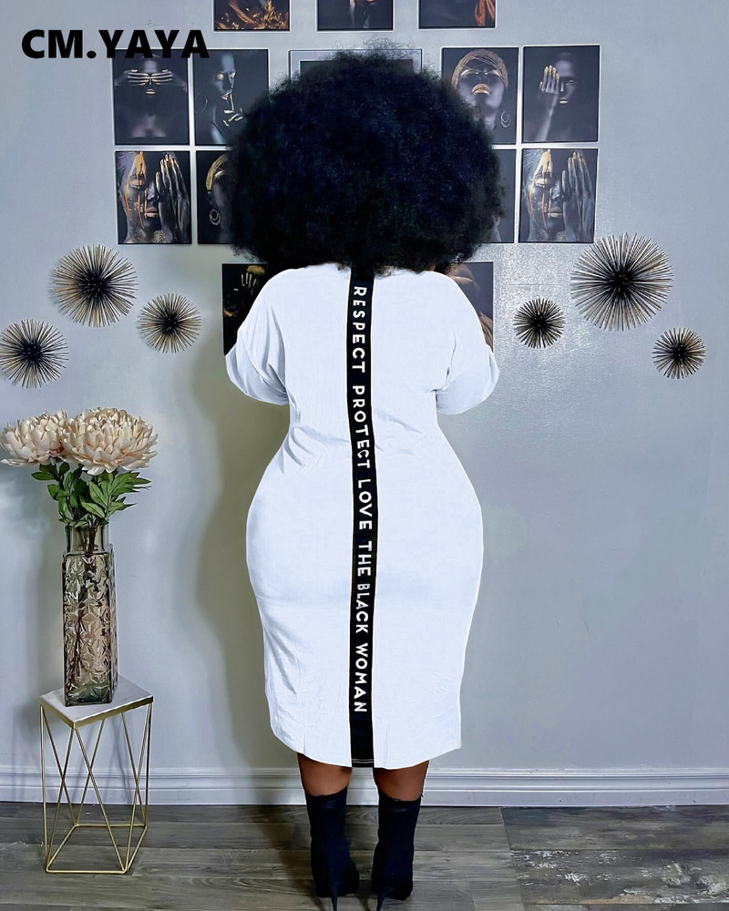 CM.YAYA Liela izmēra XL-5XL Sieviešu burtu afrikāņu stila vidēja izmēra kleita Fashin vienkārša sānu šķēluma T-krekla stila slaidas kleitas
