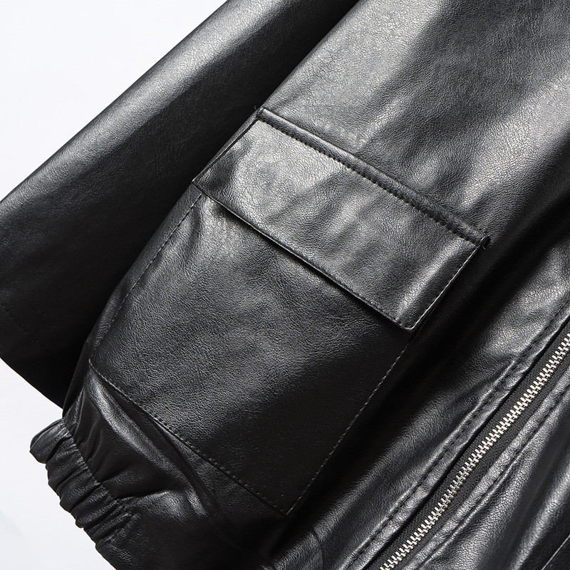 PU ādas jaka Liela izmēra sieviešu apģērbs 5xl ikdienišķs STAND apkakle melns mētelis vienkāršs garām piedurknēm rāvējslēdzējs izliekts ārdrēbes rudens