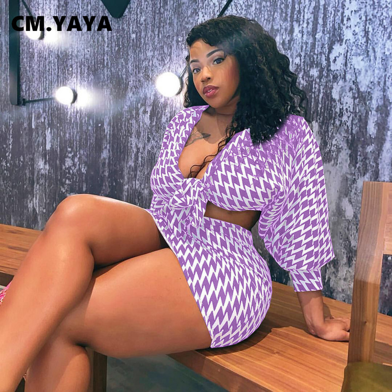 CM.YAYA sieviešu lielizmēra komplekts ar apdruku ar pilnām piedurknēm V-veida kakla pārsējs, apgriezti topi Mini svārki Divi 2 daļ. komplekti Modes apģērbs 2021. gada rudens